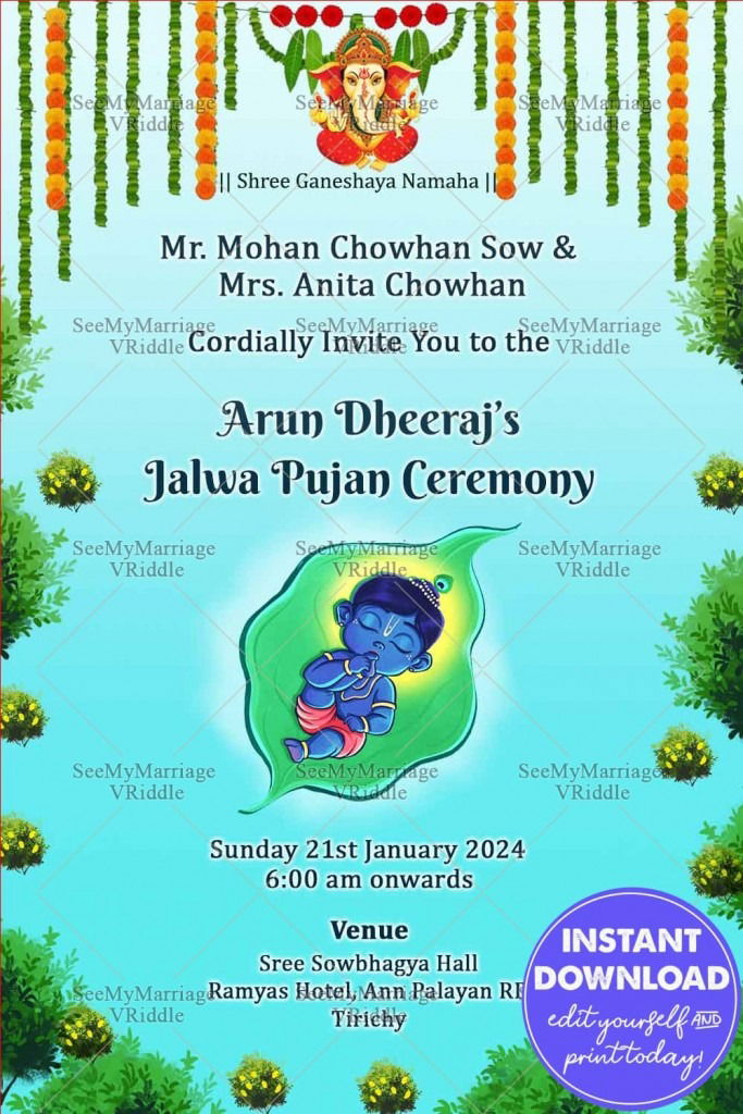 Jwalan Poojan Invitation Celebration With Sleepy Baby Krishna On A