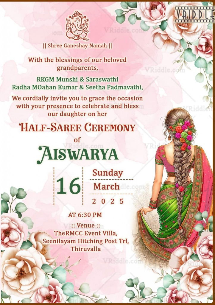 Graceful Florals Half Saree Ceremony Invitation Template With