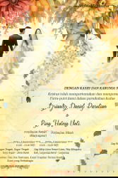 Undangan Pernikahan Indonesian Wedding Invitation Card Decorated With Rustic Fall Leaves And Bride And Groom Illustration In Western-Style Attire, Yellow Watercolor Background