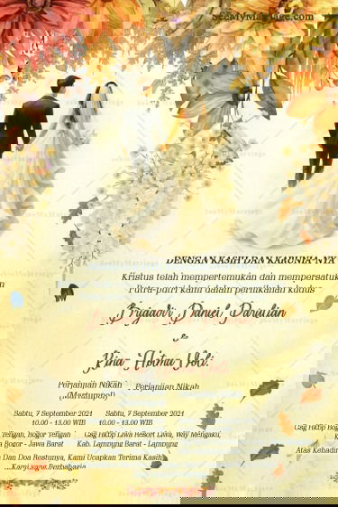 Undangan Pernikahan Indonesian Wedding Invitation Card Decorated With Rustic Fall Leaves And Bride And Groom Illustration In Western-Style Attire, Yellow Watercolor Background