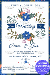 Spring Blue Floral Decorated Theme With Green Leaves Hanging Wedding Save The Date E-card