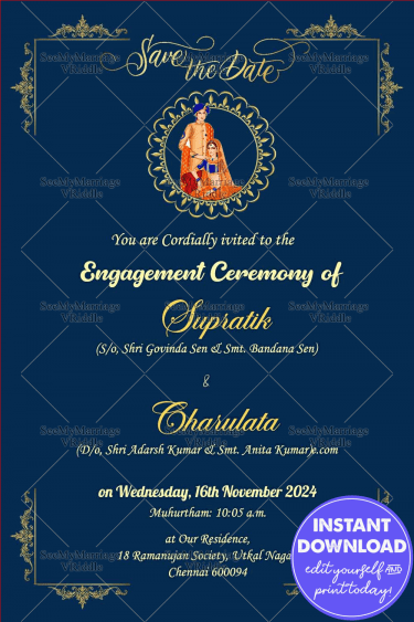 Wedding Ring Engagement Ceremony E-Card is Blue theme Save The Date card to invite people for your engagement and wedding ceremony decorated with floral curves and Hindu wedding couple.