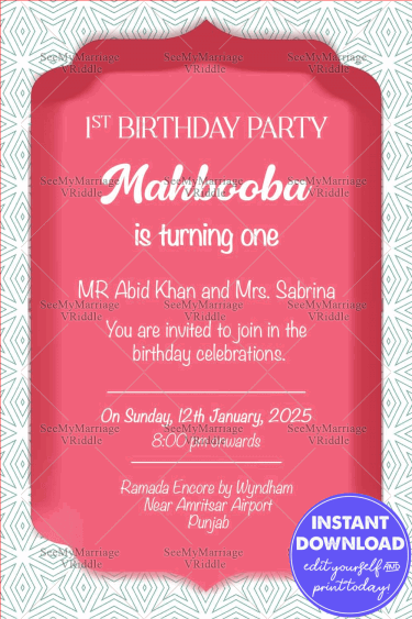 Royal Mughal Empire Theme Muslim 1st Birthday Invitation Card