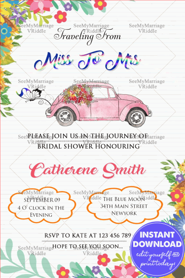 Sunflower Theme Pink Roses Decorated Bridal Shower Invitation Card
