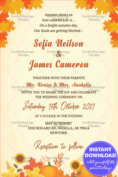 An Autumn Wedding Invitation, Autumn Leaves, Editable, Fall