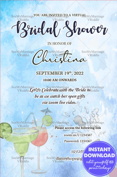 Bridal Shower Blue Theme Virtual Party Invitation Card