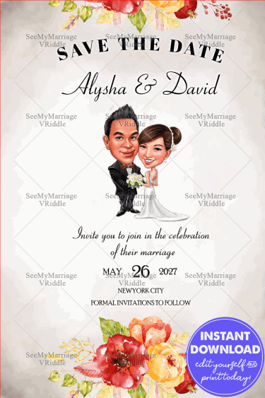 Caricature Save The Date Wedding Card-red And Yellow Florals