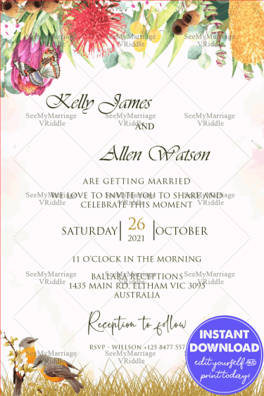 Floral Kookaburra Theme Personalized Australian Wedding Invitation Card