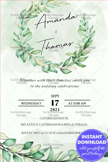 Greenery, Bohemian, Eucalyptus Wedding Invitation