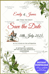 Save The Date Card Cartoon Couple Bicycle Wedding Invite