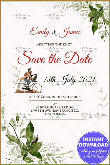 Save The Date Card Cartoon Couple Bicycle Wedding Invite
