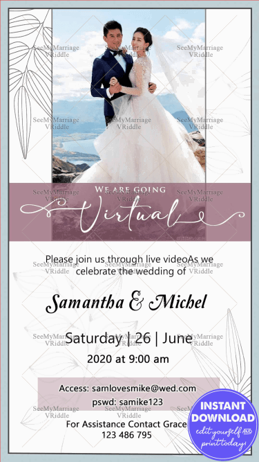 Virtual Wedding Announcement Pink And Light Green Theme Invitation Card