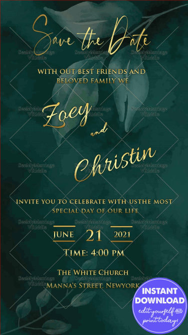 Wedding Save The Date Announcement Invitation Card Green Theme Golden Text