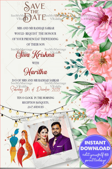 Floral With Photo Save The Date Radha Krishna Card