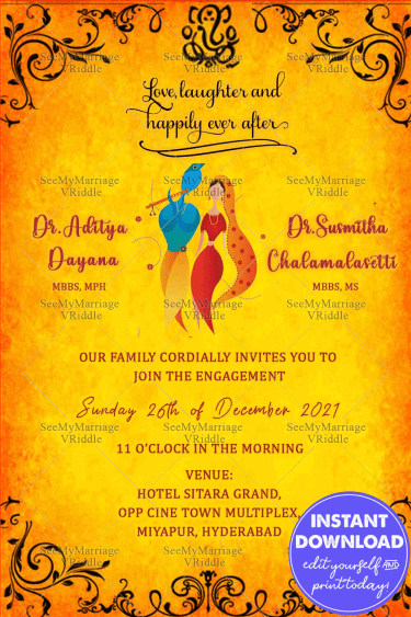 Radha Krishna Golden Yellow Wedding Invitation Card