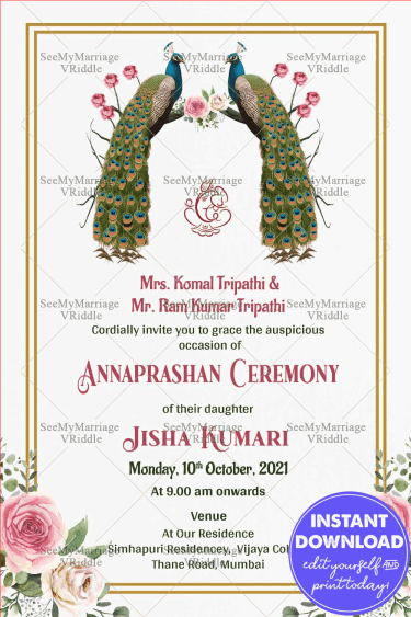 Peacock And Red Roses Theme Baby First Rice Eating Ceremony Invitation Card
