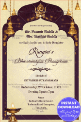 Arch Frame And Diya Arangetram Invitation Card With Burgundy Background Theme