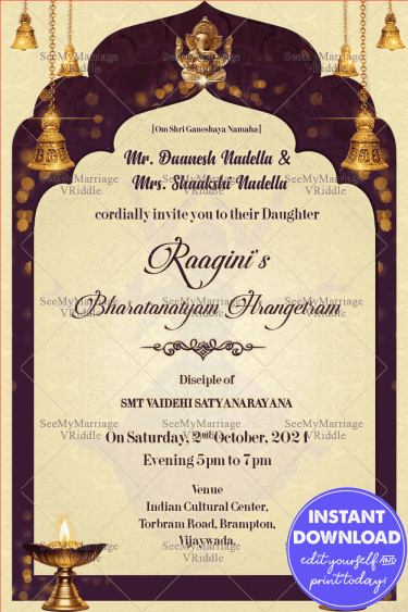 Arch Frame And Diya Arangetram Invitation Card With Burgundy Background Theme