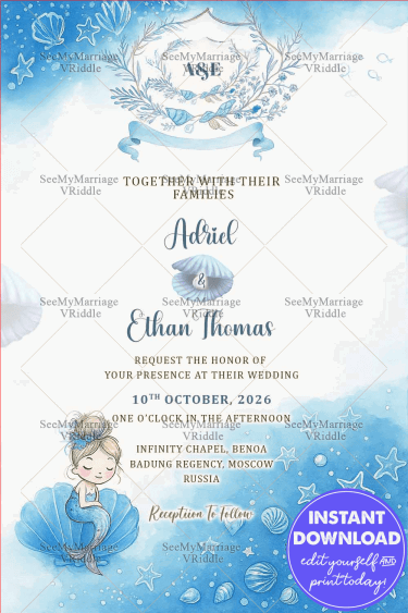 A Fun Filled Mermaid Theme Russian Wedding Invitation Card With Sea Shell, Starfish And Cute Mermaid