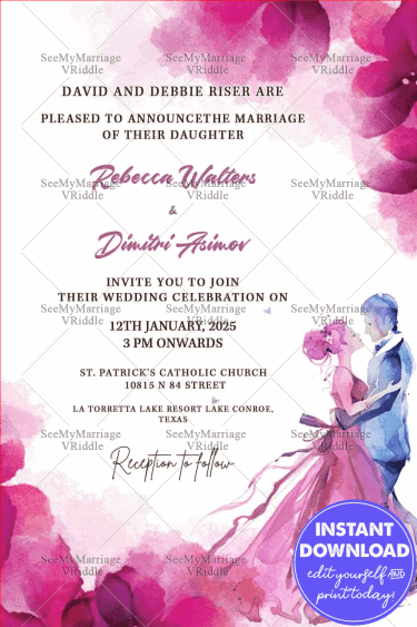 Simple Russian Wedding Invitation Card Decorated With Watercolor Flower And Lovely Couple On A Pink Background