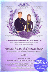 Undangan Pernikahan Indonesia Wedding Invitation Card Decorated With Lavender Flowers On A Purple Watercolor Background And Couple Photo Frame