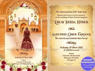 Muslim Style Wedding Invitation Card With Mahal Frame, Masjid, Hanging Lights, Flowers And Couple