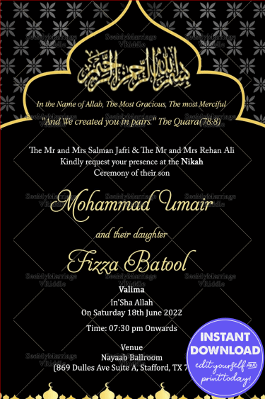 Black & Golden Muslim Nikah Invitation