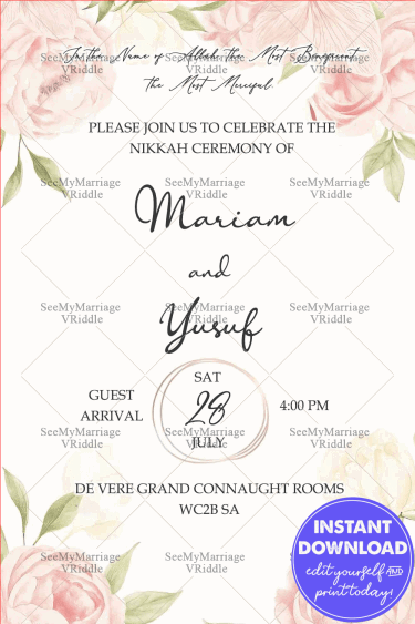 Pink Floral Foliage Nikkah Muslim Wedding Invitation