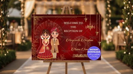 Wedding and Reception Entry Banner / Poster - Red Theme Rich And Royal Wedding Banner With A Cartoon Couple In Regal Wedding Finery