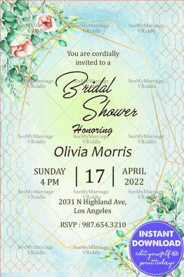 A Unique Sea Green Theme Invitation Card For Bridal Shower With Golden Pattern