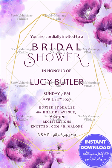 A Beautiful Floral Theme Bridal Shower Invitation Card In Dreamy Shades Of Purple And Lilac With Gold Geometrical Frames