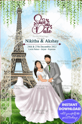 A Cute And Classy Blue Theme Invitation Card For A Christian Wedding With Bride And Groom Caricatures