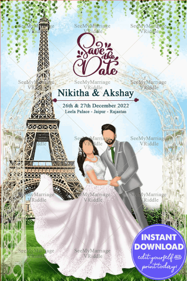 A Cute And Classy Blue Theme Invitation Card For A Christian Wedding With Bride And Groom Caricatures