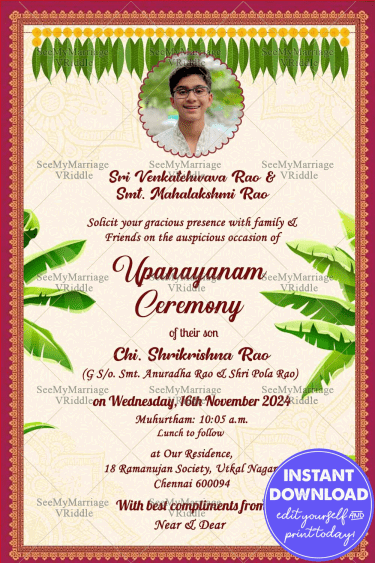 A traditional Invitation card  in white theme for a traditional Thread ceremony. The base of the card is white and is surrounded by a thick red border filled with intricate gold design. At the top center is the image of the boy which is customizable to your personal preference.