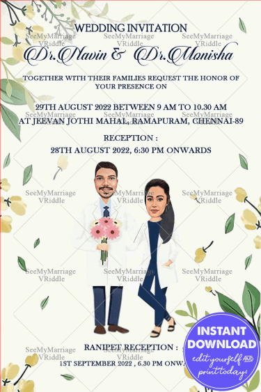 Caricature Theme Doctor Wedding Invitation Card With Floral Accents