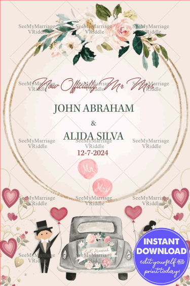 Just Married Wedding Announcement Floral Cute Cartoon