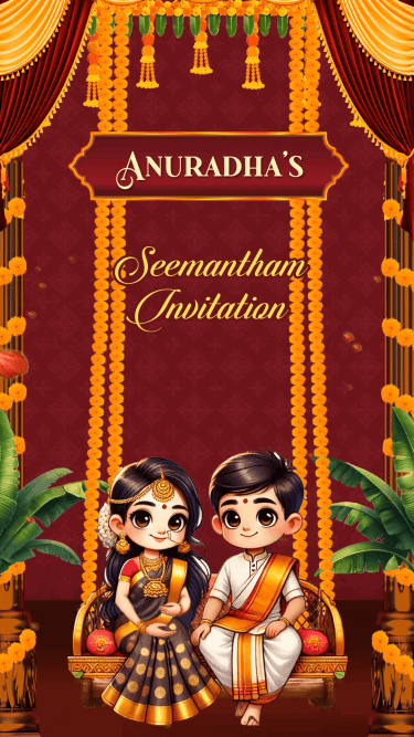 Charming Cartoon Seemantham Invitation Video with Maroon Theme and Gold Design Background