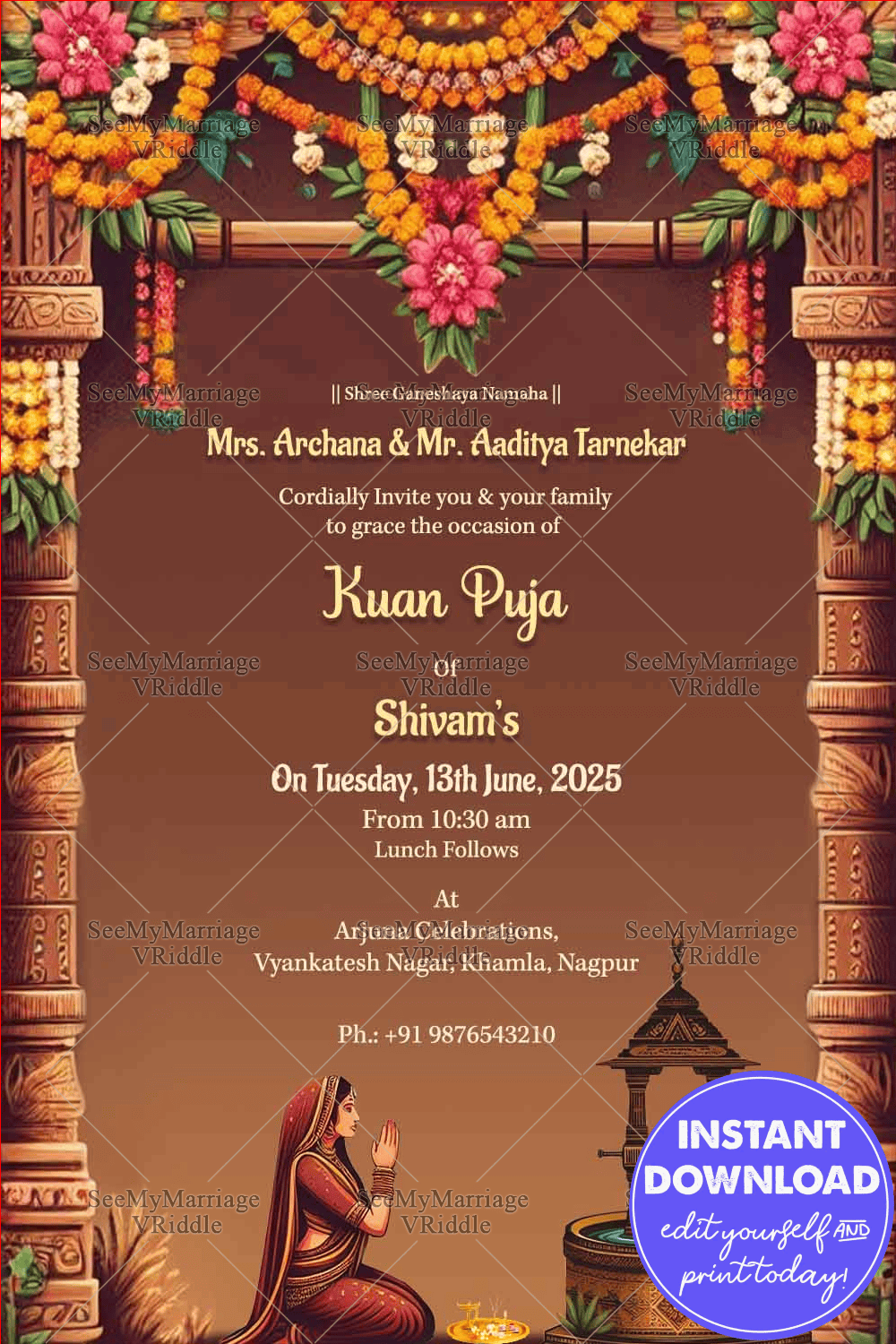 Traditional Kuan Puja Ceremony Invitation with Maroon Color Theme and ...