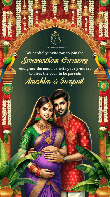 Graceful Seemantham Ceremony Invitation Video with Traditional South Indian Couple Illustration