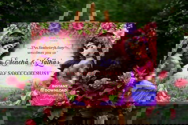 Garden Splendor Half Saree Ceremony Welcome Poster with Pink Saree Sisters Illustration