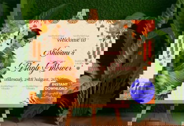 Golden Saree Theme Traditional Baby Shower Welcome Poster Mockup