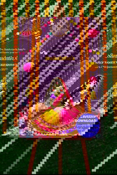Marigold Swing Theme Half Saree Ceremony Welcome Poster with Purple Background