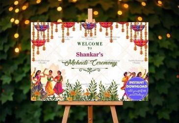Traditional Cartoon Dance Theme Mehndi Ceremony Welcome Banner Mockup
