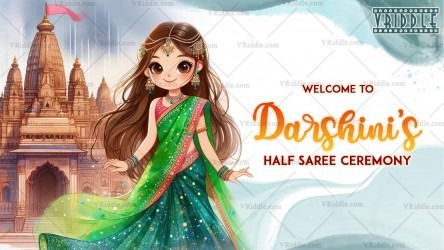Green Saree Cartoon Girl Theme Half Saree Ceremony Welcome Banner with Traditional Motifs