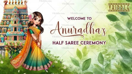 Half Saree Ceremony Welcome Banner with Temple Backdrop