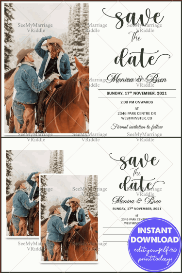 Postcard Style Save The Date Card with Minimalist Design and Couple Photos