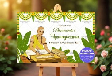 Traditional Upanayanam Banner Featuring Illustration of a Boy, Banana Leaves and Bright Marigold Garlands Mockup