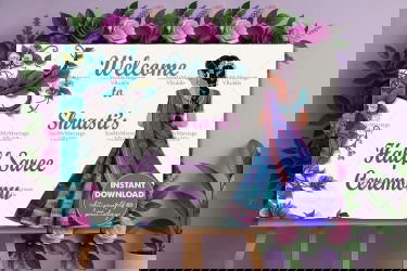Vibrant Half Saree Ceremony Banner with Floral Motifs and Traditional Attire Illustration