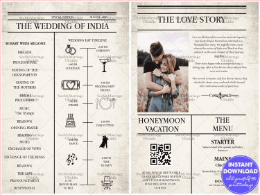 Vintage Magazine themed Wedding Program Itinerary with Love Story and Menu Details