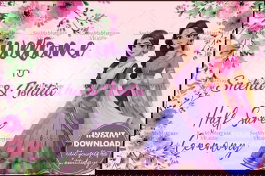Floral Pink Half Saree Ceremony Welcome Banner Featuring Illustrated Sisters in Traditional Attire